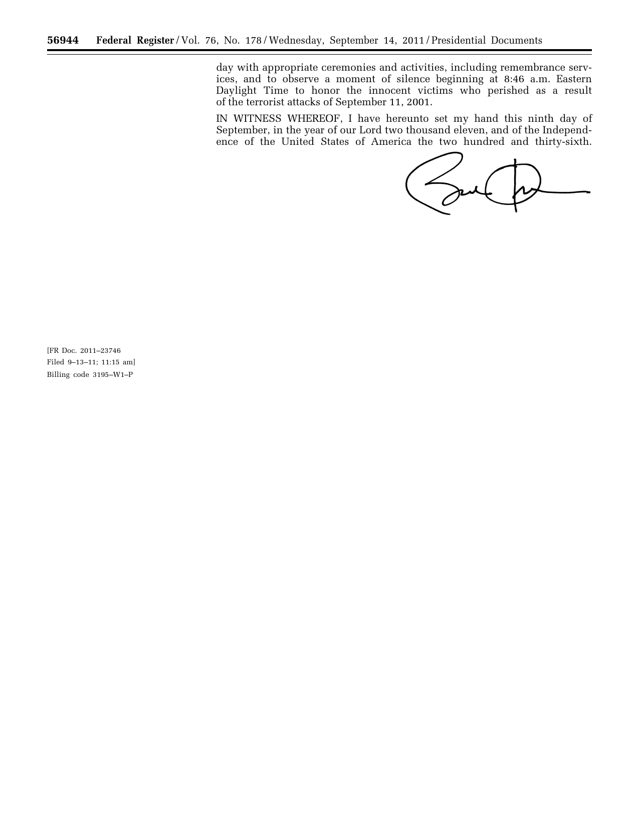 Signature page of the official Patriot Day 2011 proclamation, Federal Register page 56944