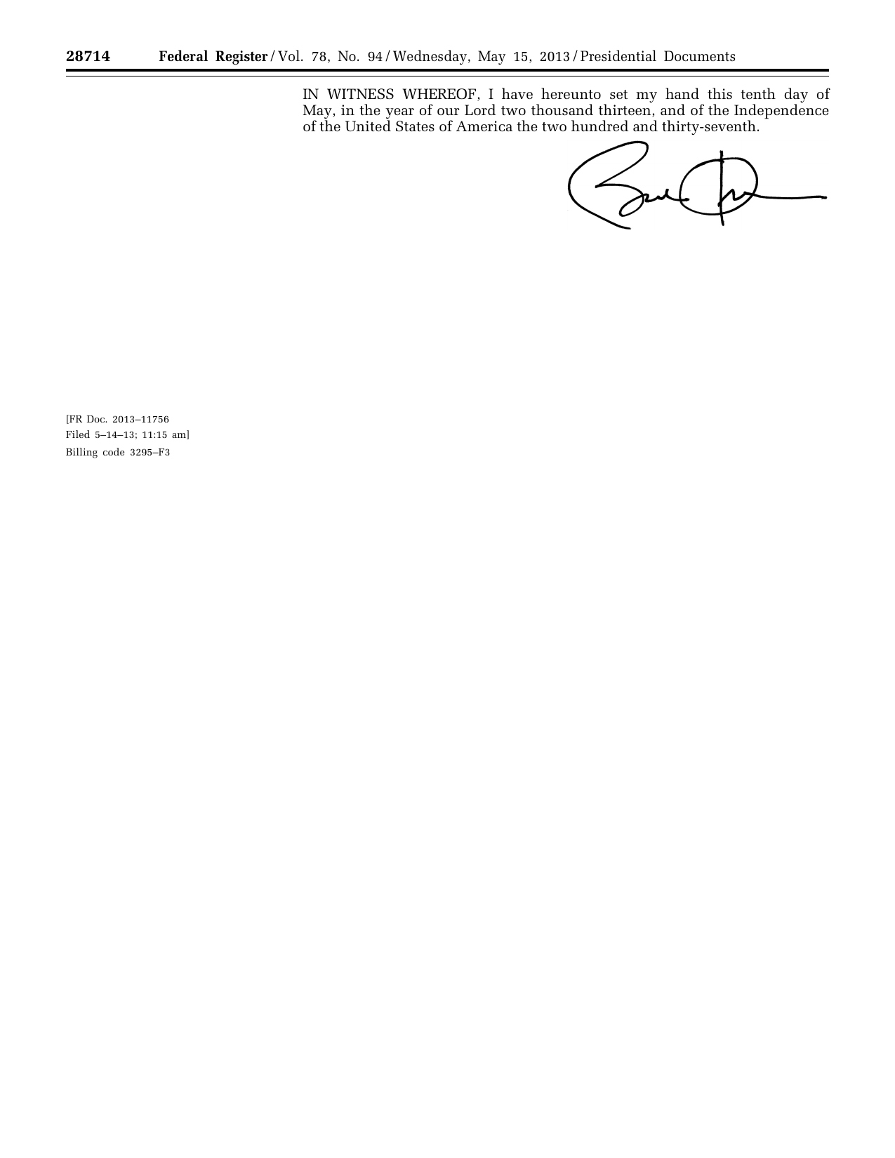 Signature page of the official published Peace Officers Memorial Day 2013 proclamation, Federal Register page 28714