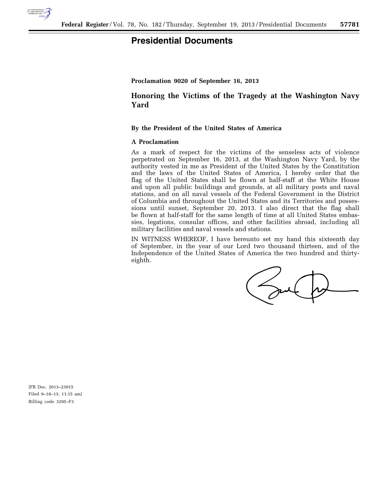 Official published Washington Navy Yard proclamation and signature, Federal Register page 57781