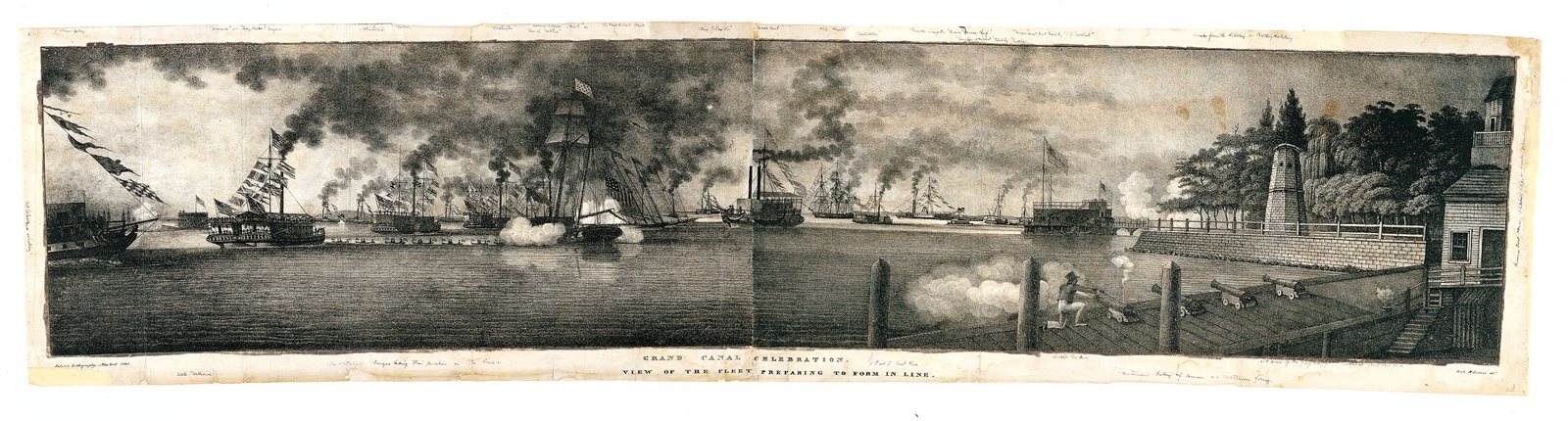 1825 lithograph of a fleet gathering for New York&rsquo;s Grand Canal Celebration.
