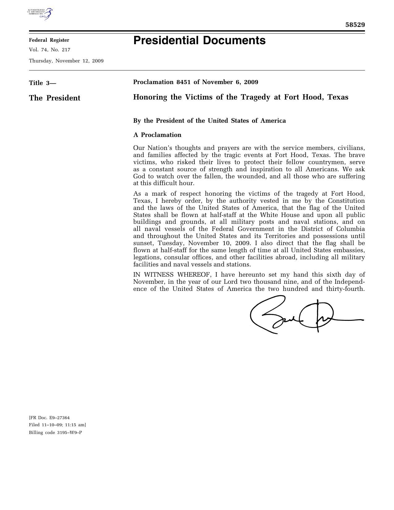 Official published Fort Hood proclamation and signature, Federal Register page 58529